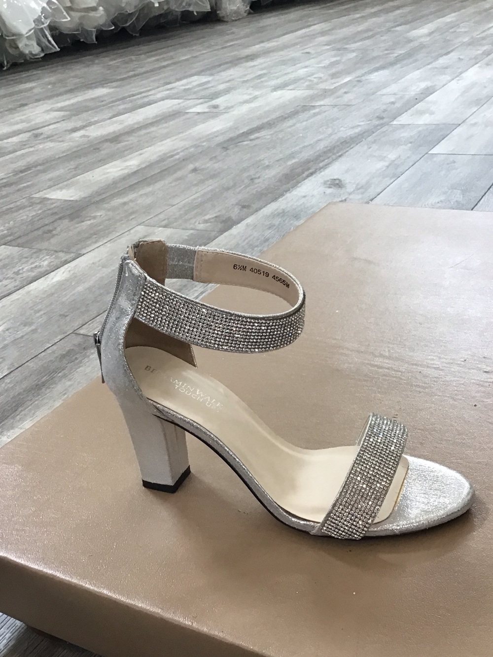 Embellished Silver Block Heel Sandal with Ankle Strap
